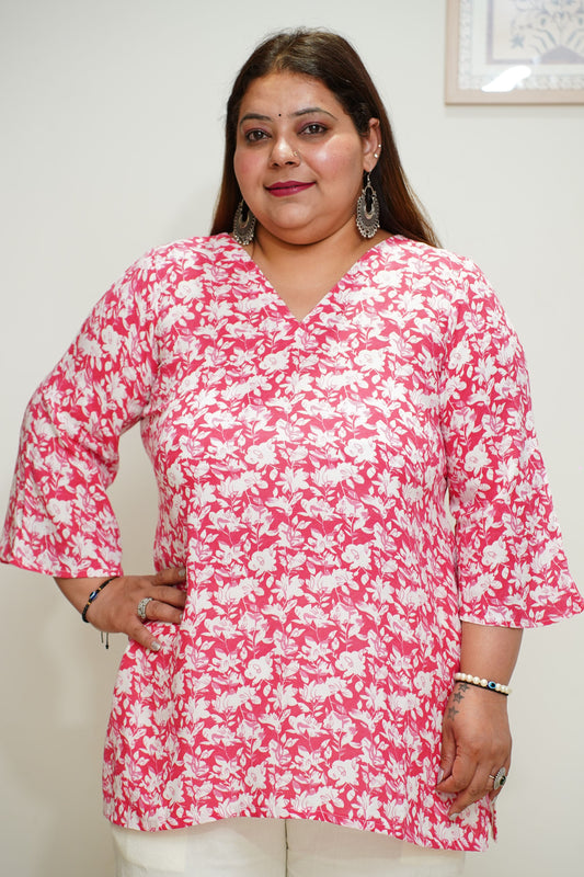 Women Plus Size Pink Floral Everyday Rayon Kurta