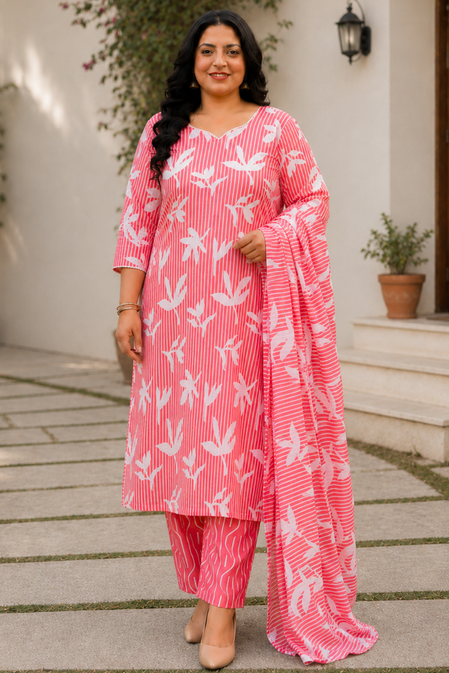 Red Floral Cotton Suit Set