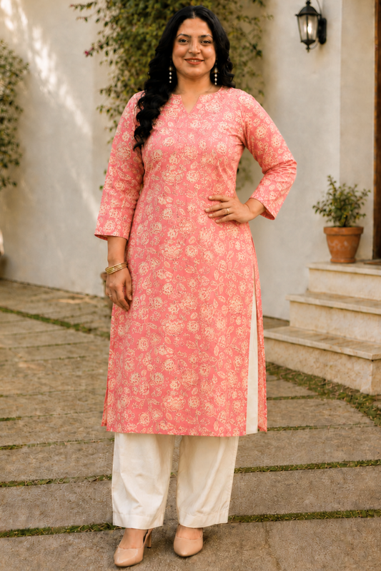 Rose Pink Cotton Floral Print Kurta