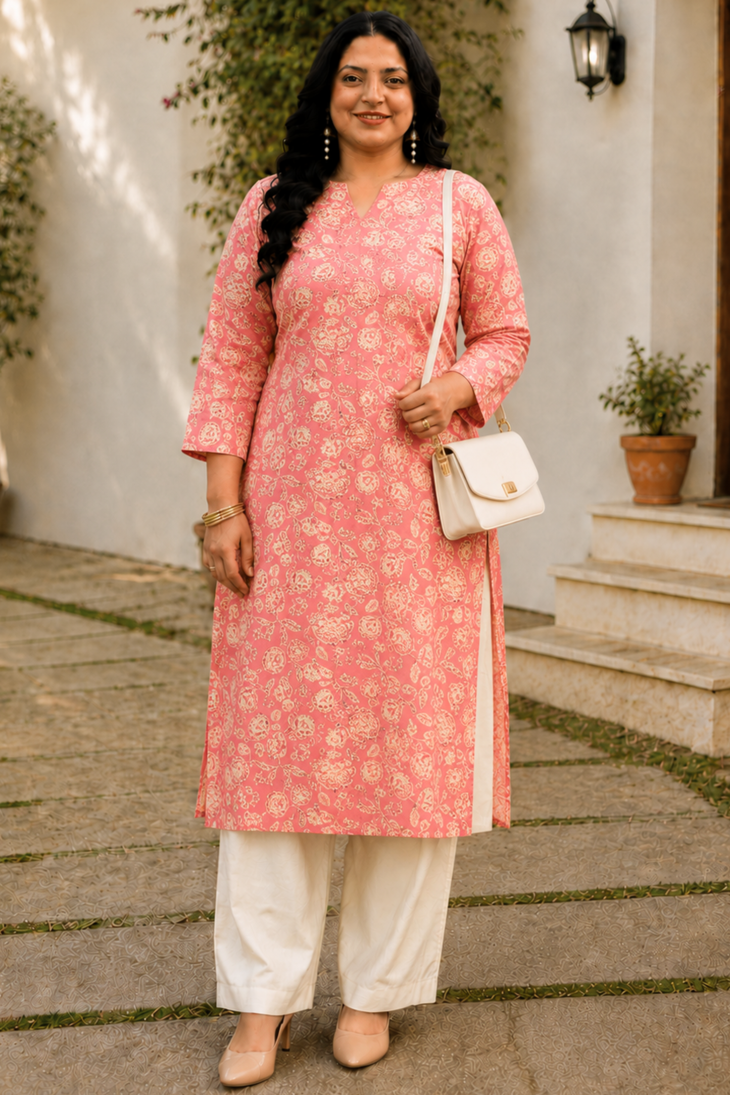 Rose Pink Cotton Floral Print Kurta