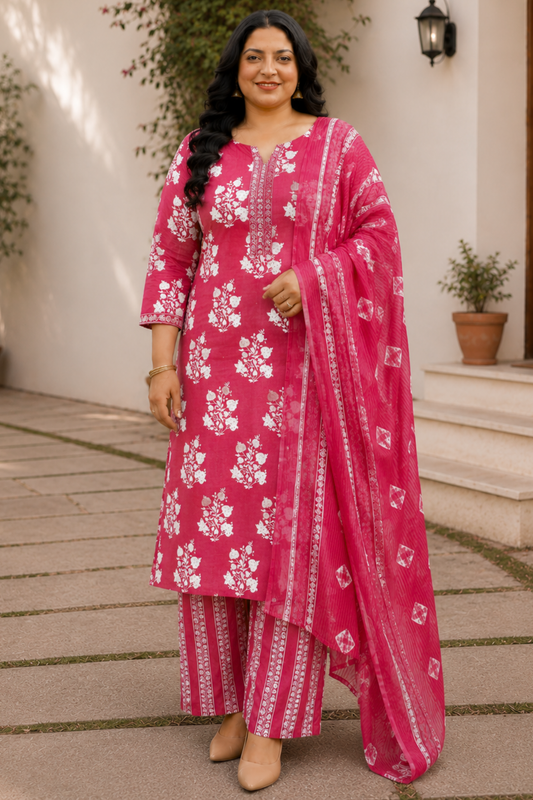 Rose Red Floral Cotton Suit Set