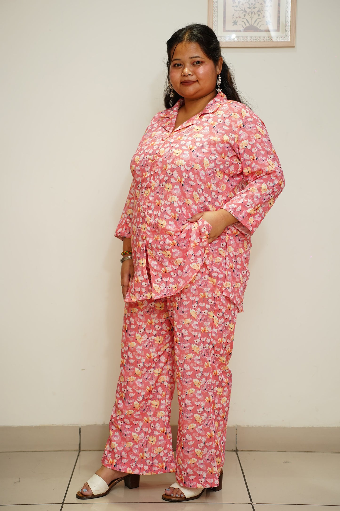 Women Plus Size Rose Pink Floral Co-ord Set with Pockets