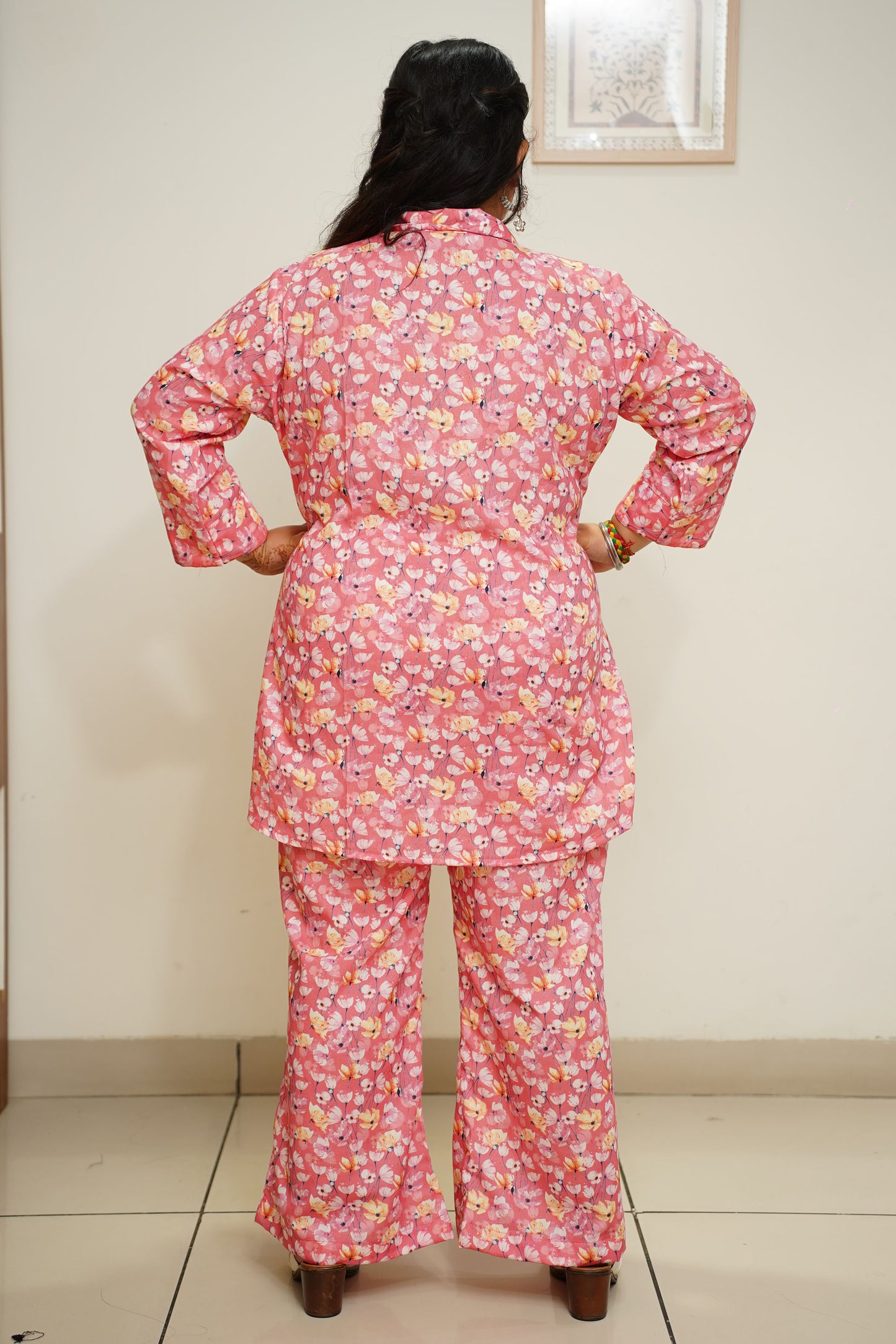 Women Plus Size Rose Pink Floral Co-ord Set with Pockets