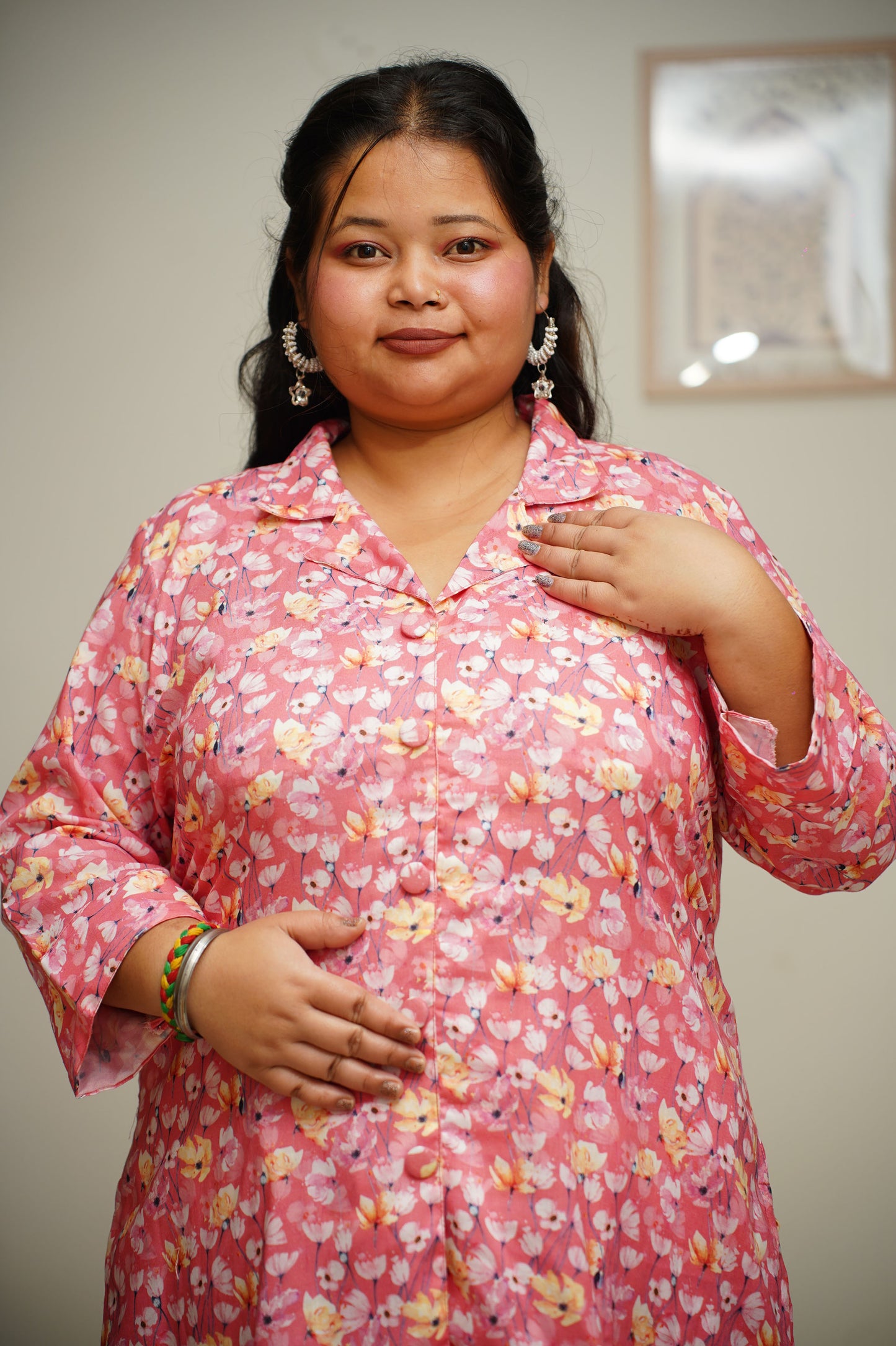 Women Plus Size Rose Pink Floral Co-ord Set with Pockets