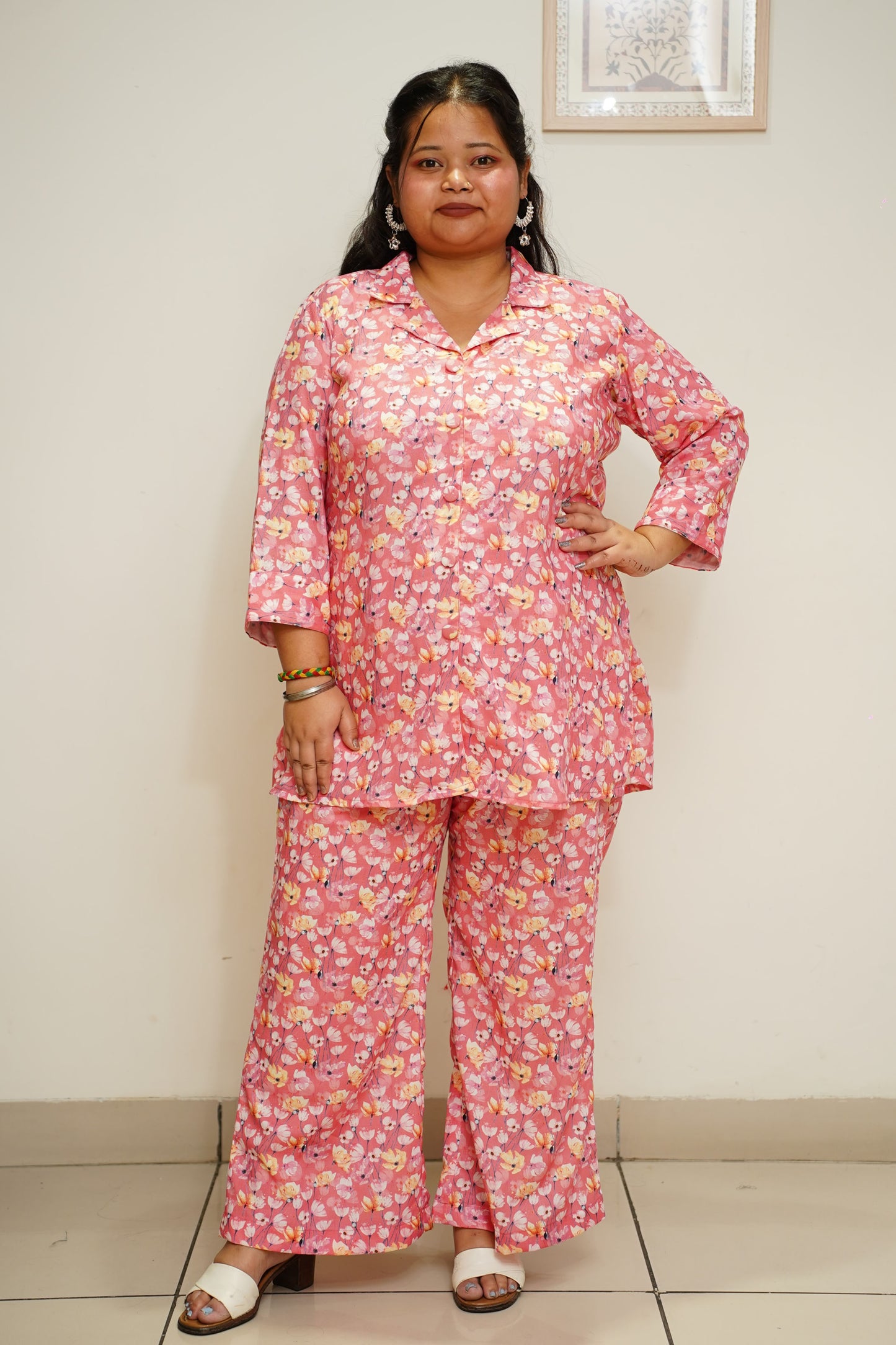 Women Plus Size Rose Pink Floral Co-ord Set with Pockets