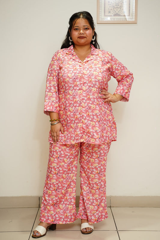 Women Plus Size Rose Pink Floral Co-ord Set with Pockets