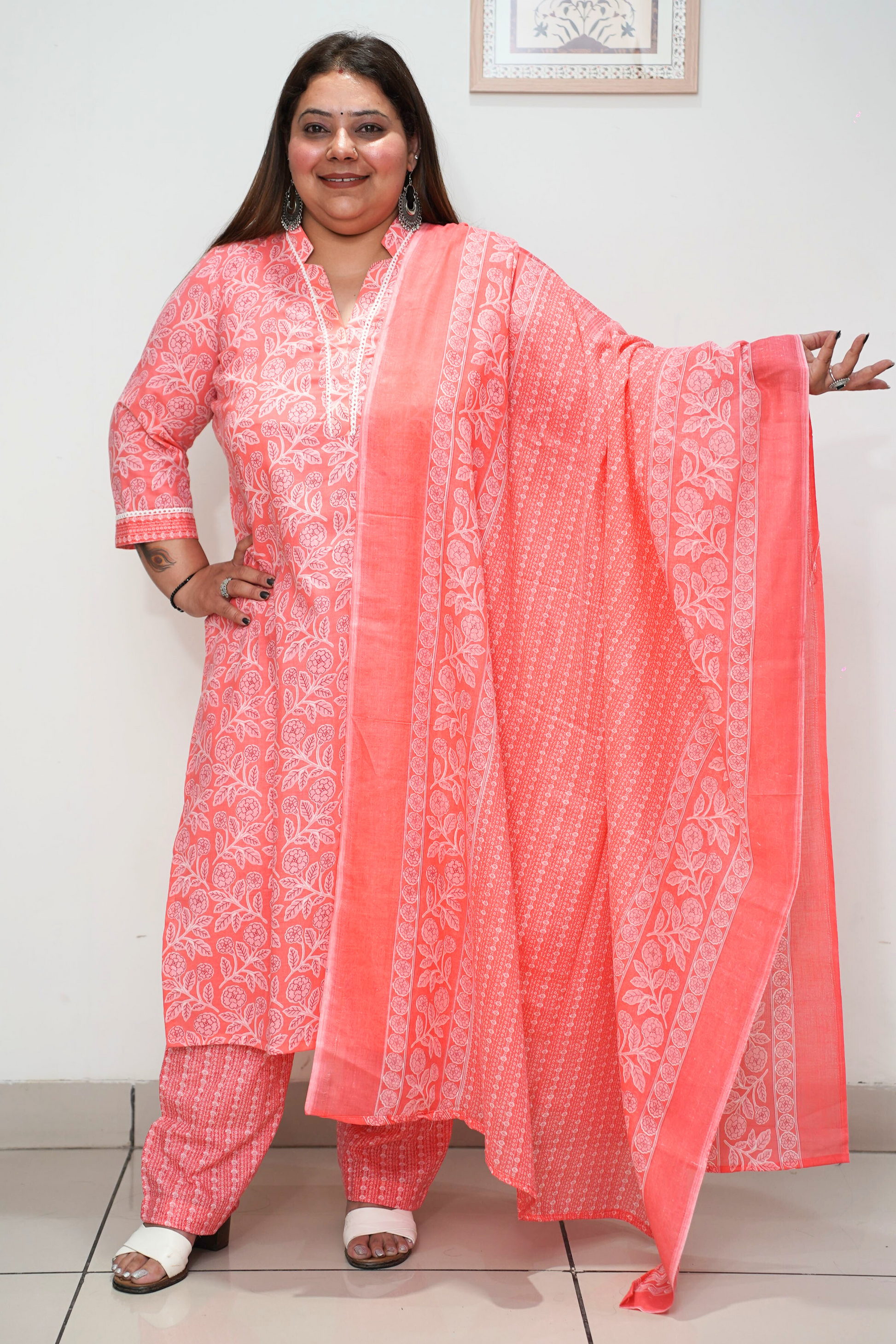 Women Plus Size Rose Pink Floral Cotton Straight Cut Suit