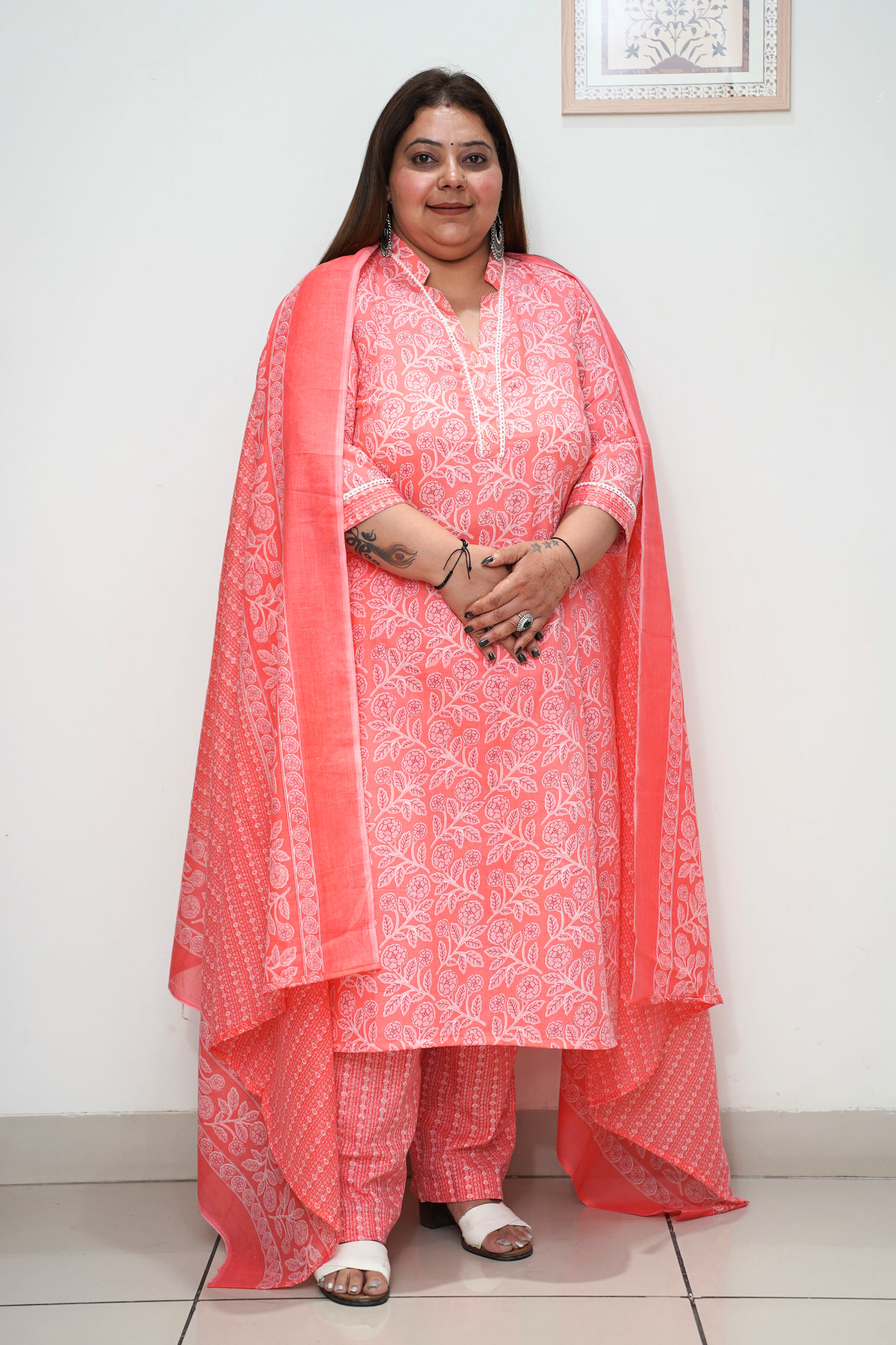Women Plus Size Rose Pink Floral Cotton Straight Cut Suit