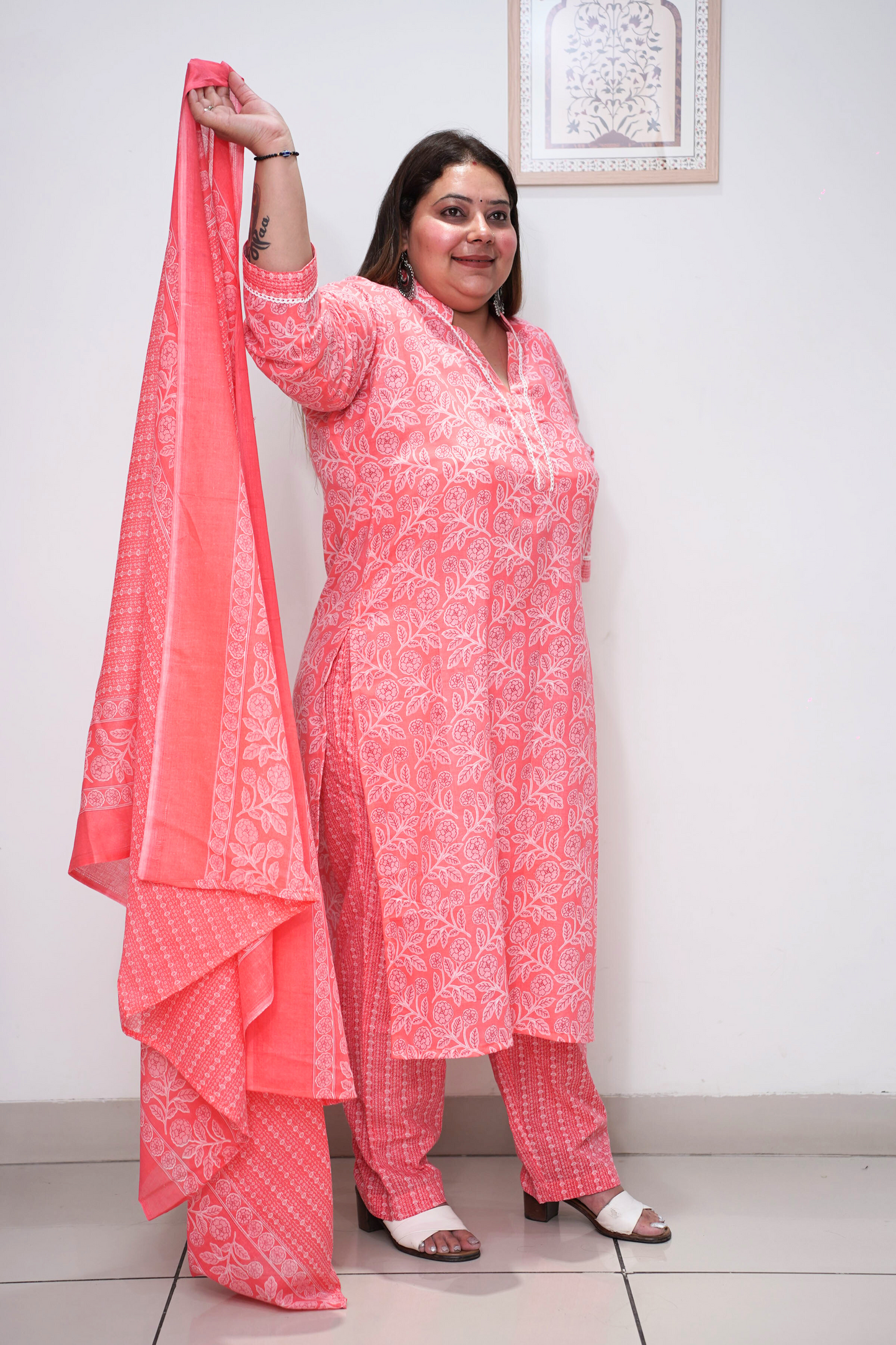 Women Plus Size Rose Pink Floral Cotton Straight Cut Suit