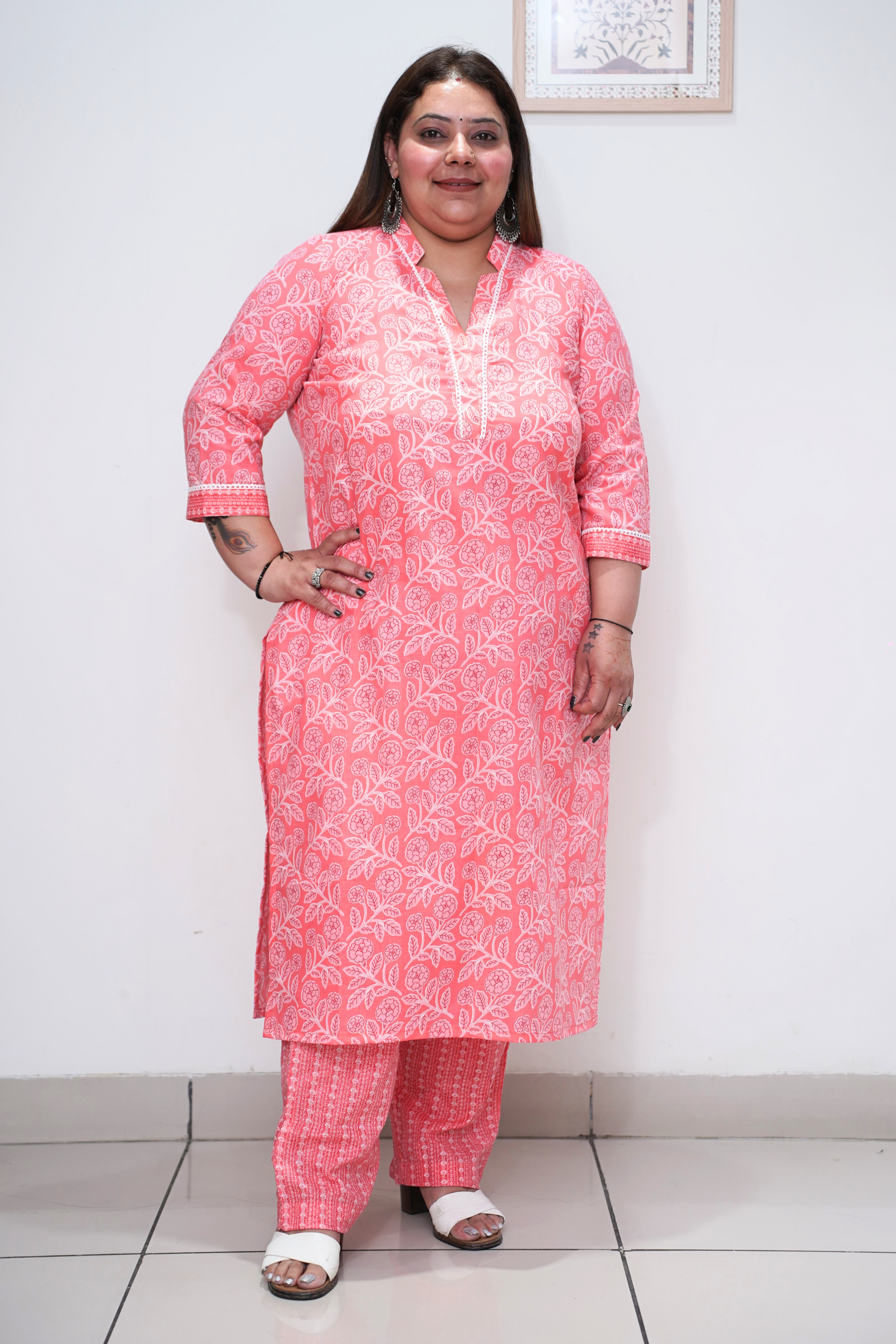 Women Plus Size Rose Pink Floral Cotton Straight Cut Suit