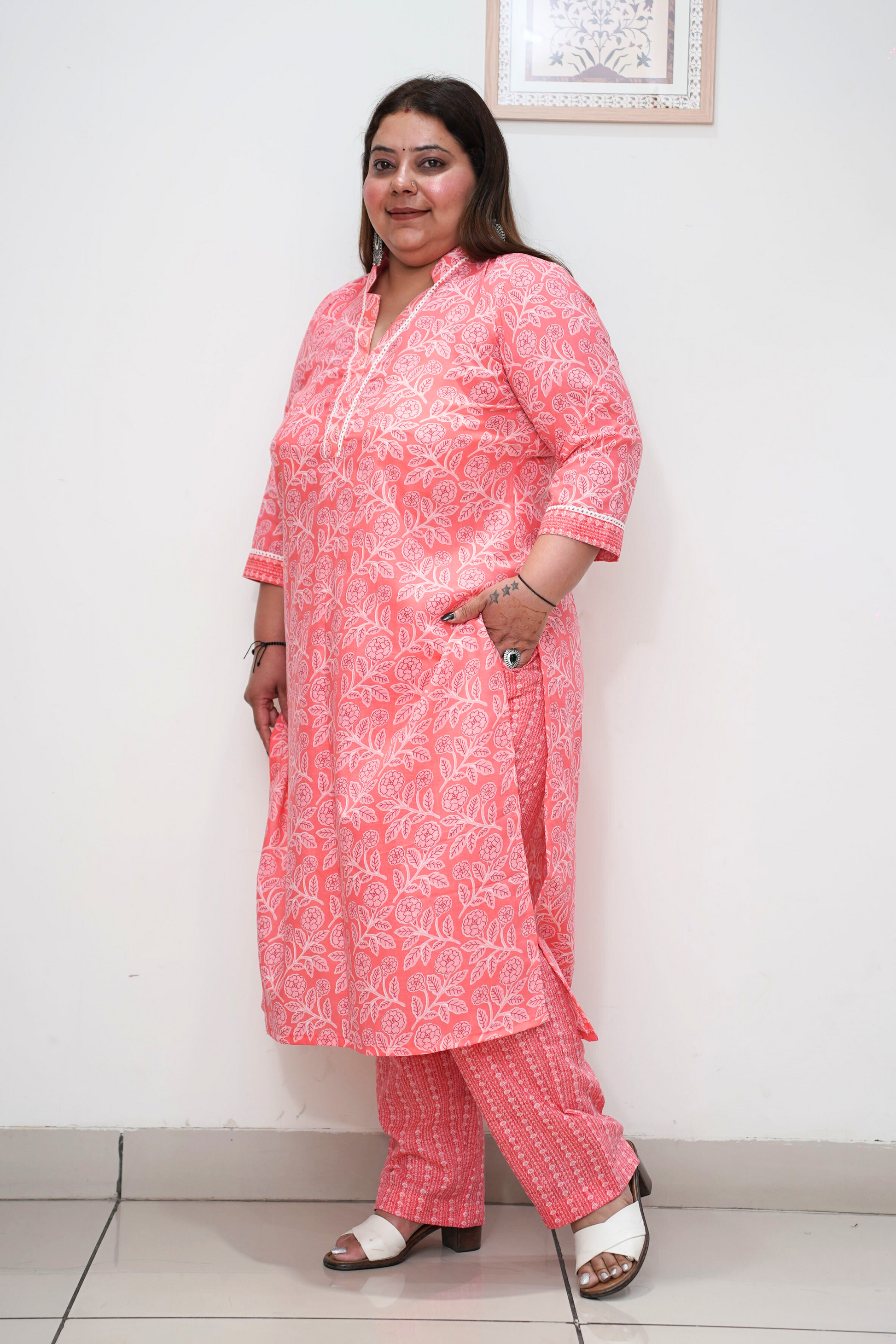 Women Plus Size Rose Pink Floral Cotton Straight Cut Suit