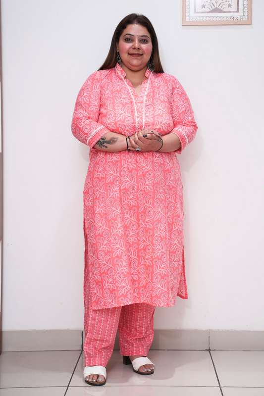Women Plus Size Rose Pink Floral Cotton Straight Cut Suit