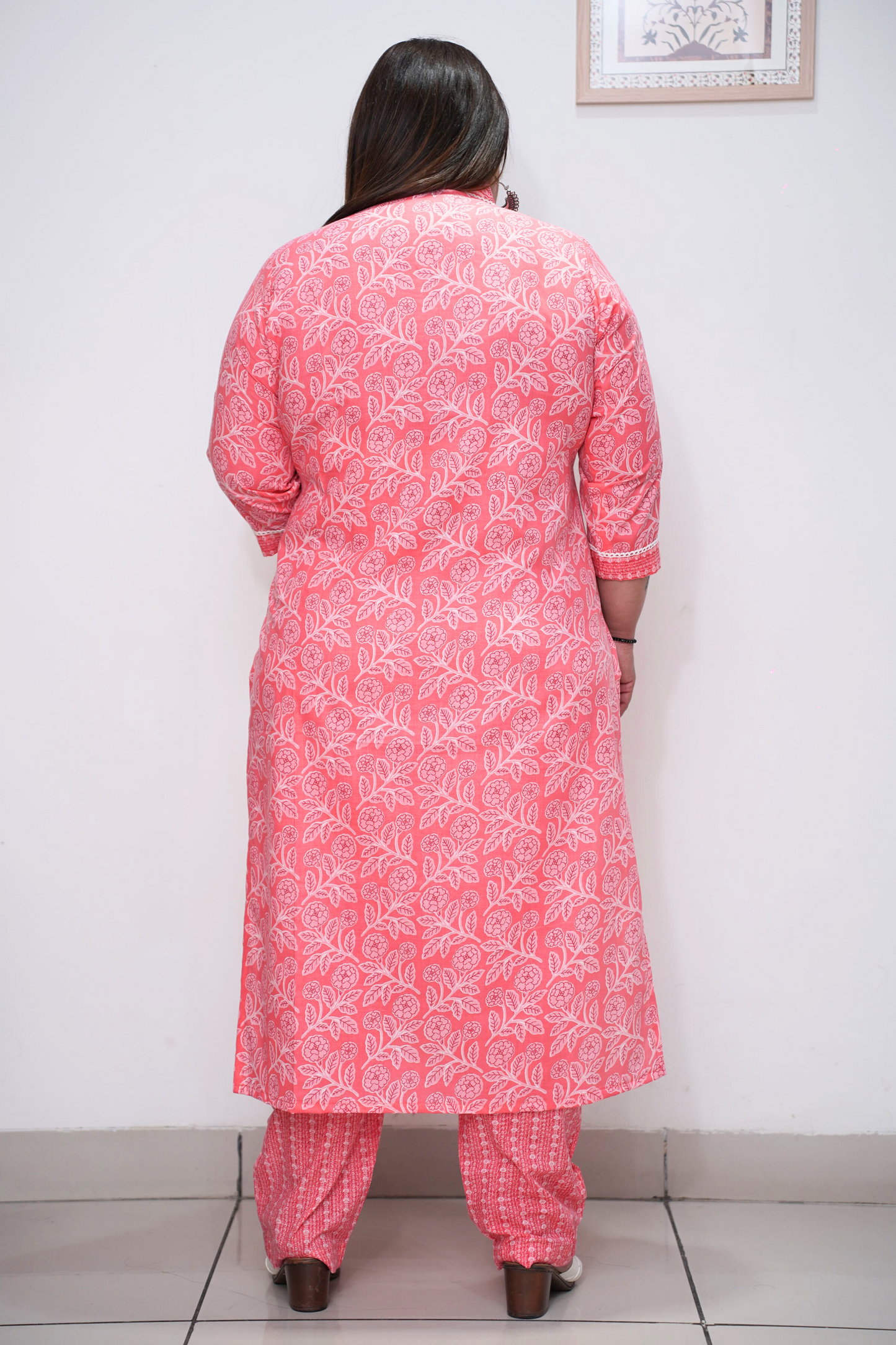Women Plus Size Rose Pink Floral Cotton Straight Cut Suit