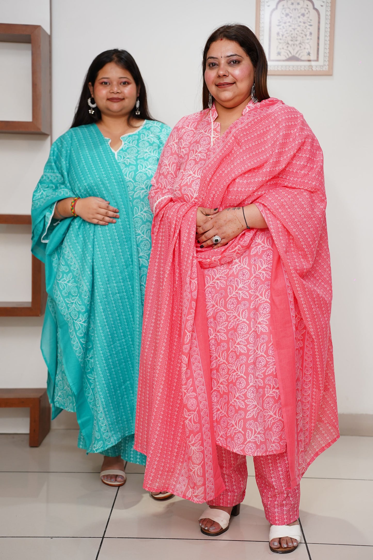 Women Plus Size Rose Pink Floral Cotton Straight Cut Suit