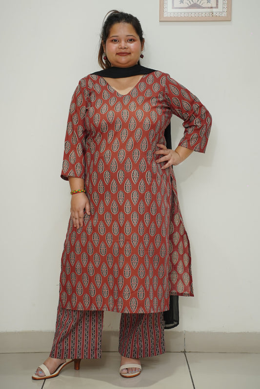 Women Plus Size Rust Printed Cotton Straight Cut Suit