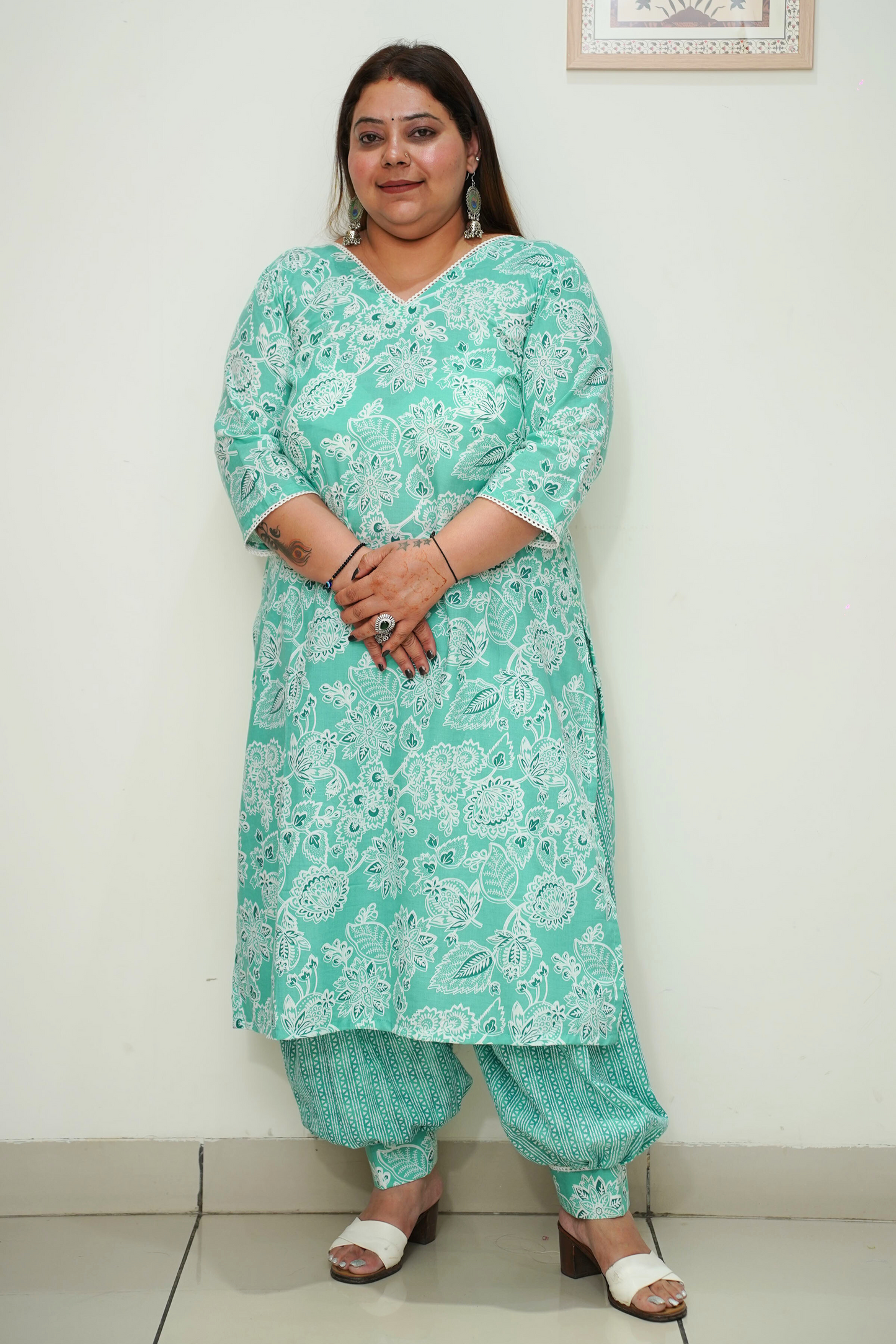 Women Plus Size Sea Green Cotton Afghani Suit Set