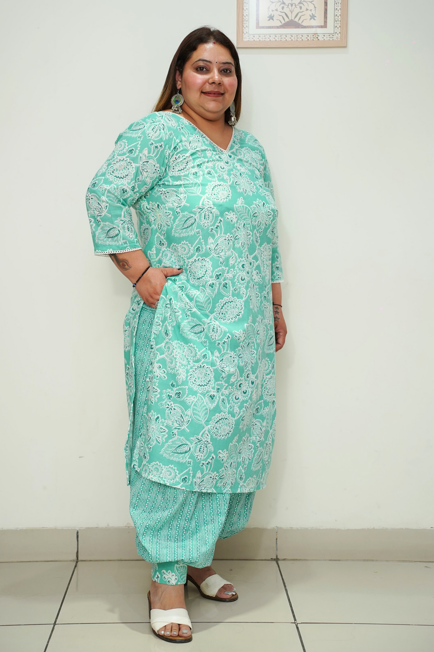 Women Plus Size Sea Green Cotton Afghani Suit Set