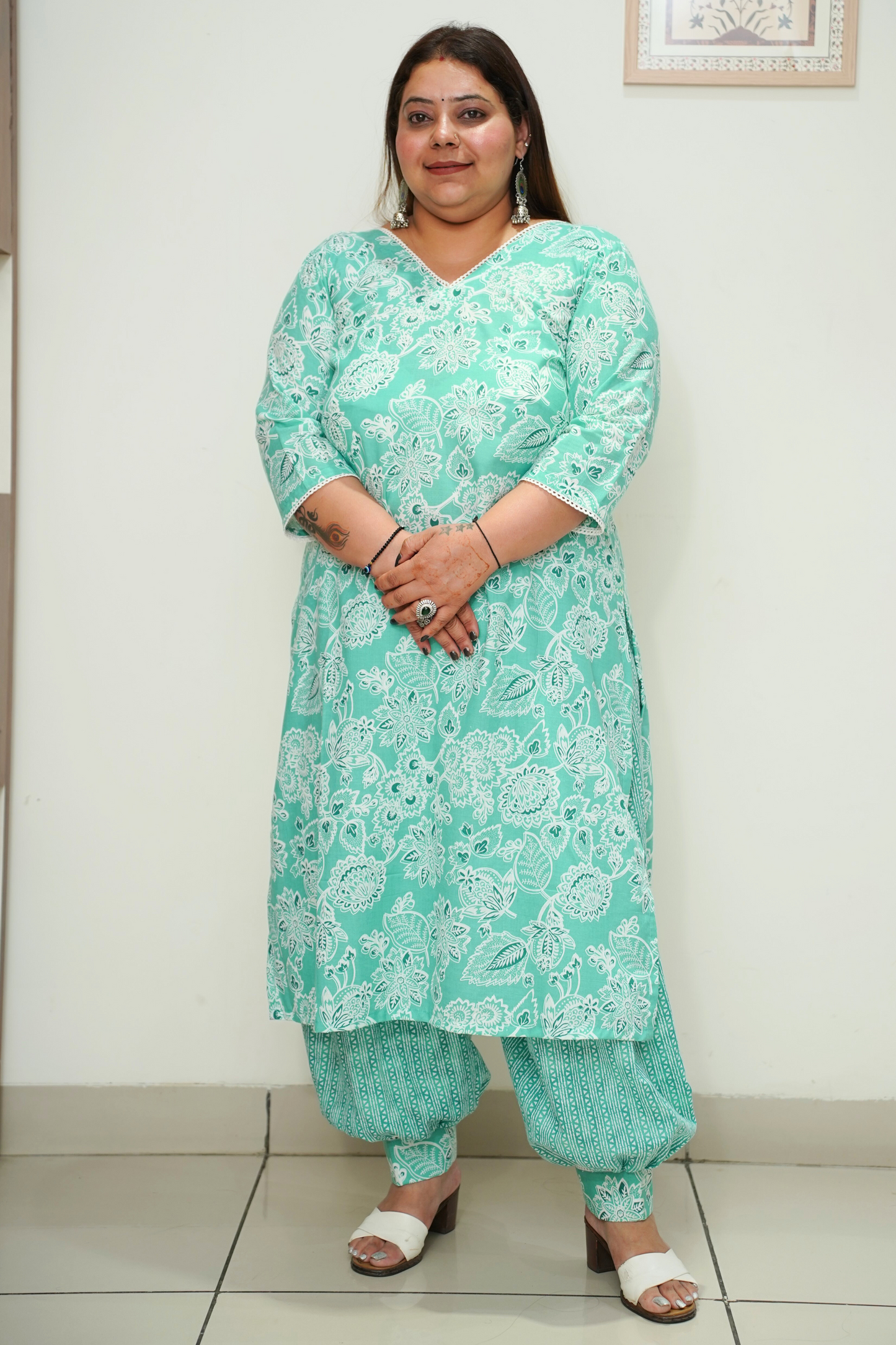 Women Plus Size Sea Green Cotton Afghani Suit Set