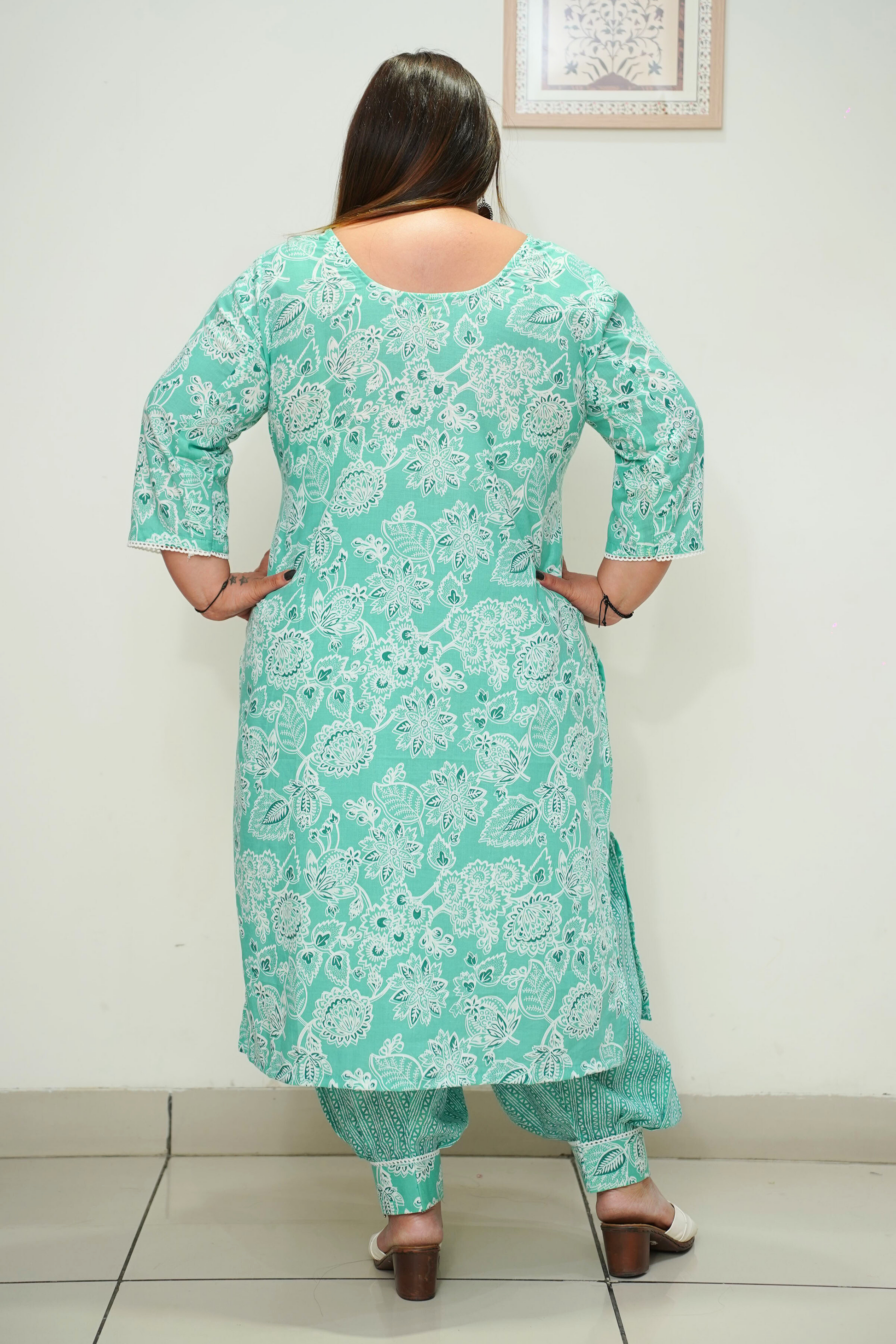 Women Plus Size Sea Green Cotton Afghani Suit Set