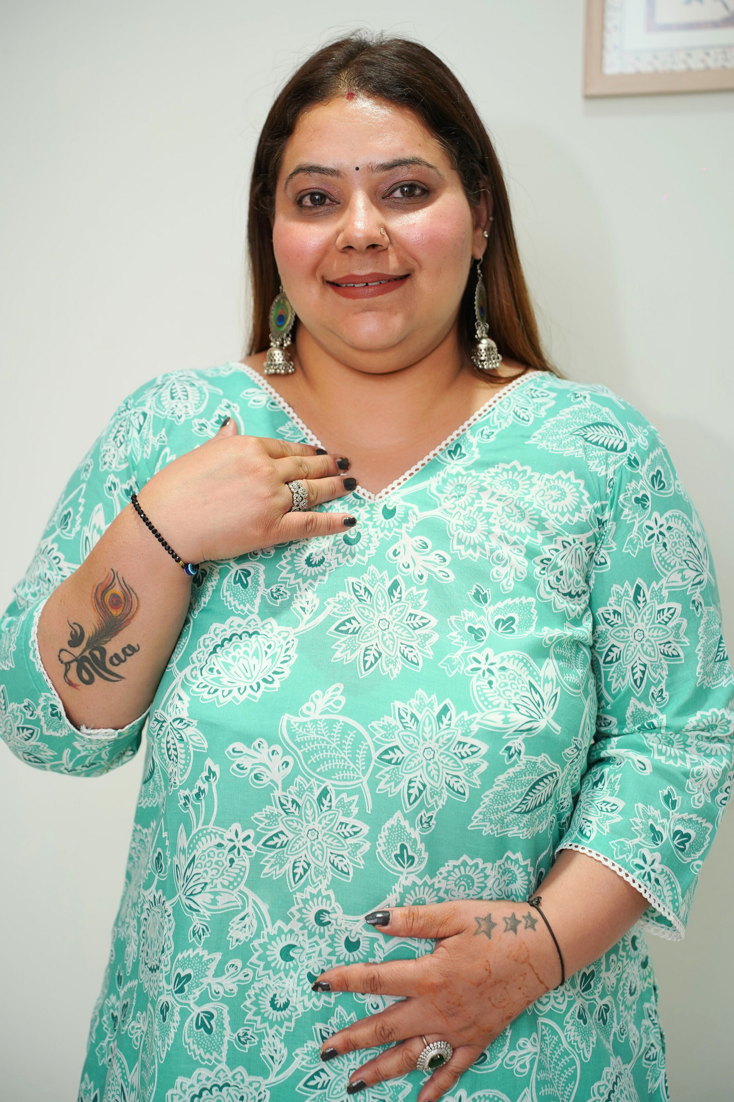 Women Plus Size Sea Green Cotton Afghani Suit Set
