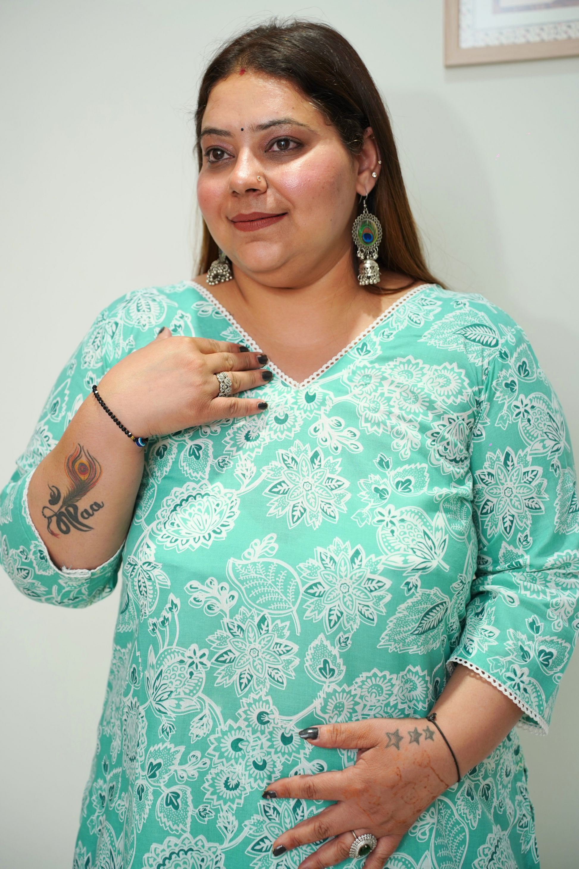 Women Plus Size Sea Green Cotton Afghani Suit Set
