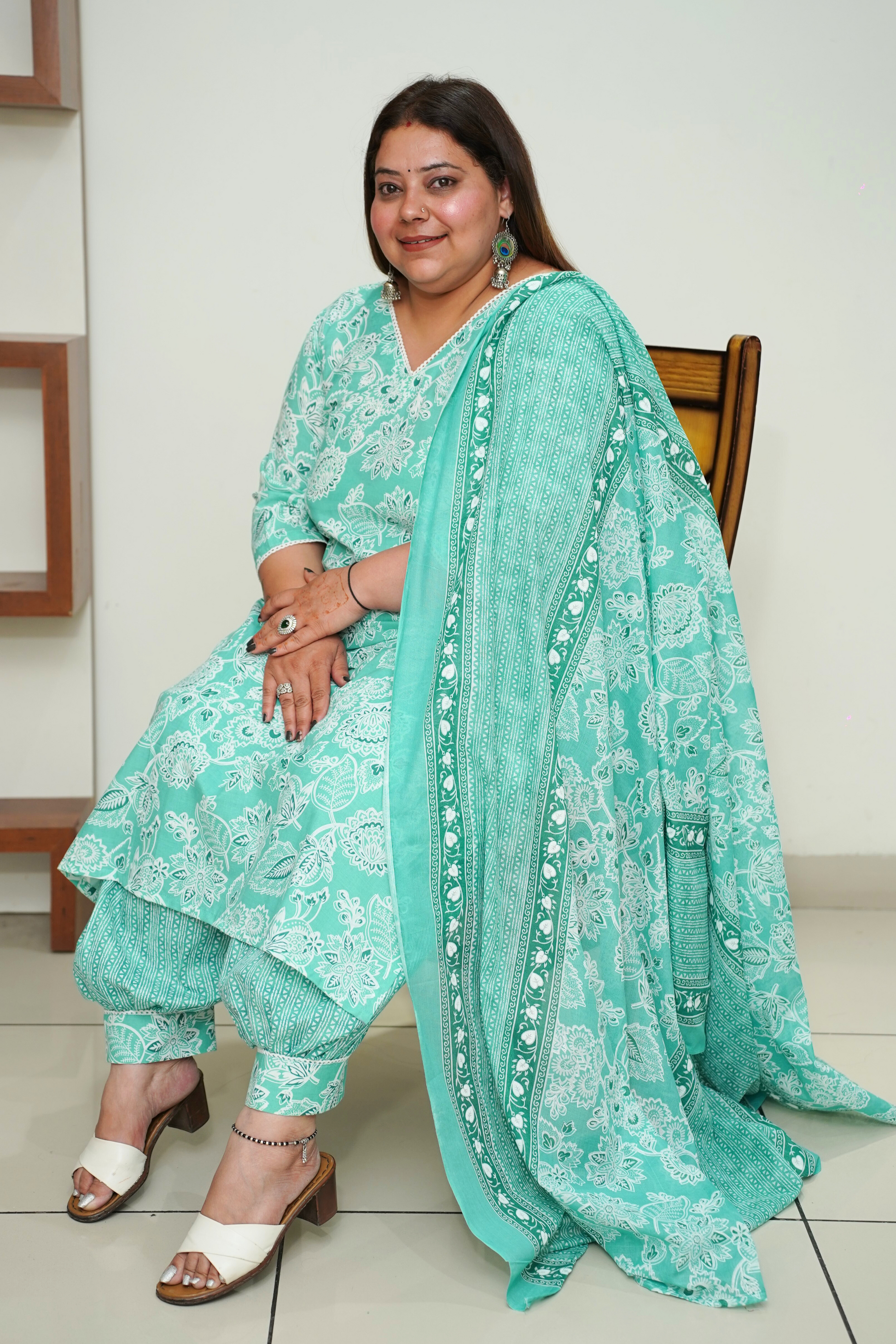 Women Plus Size Sea Green Cotton Afghani Suit Set