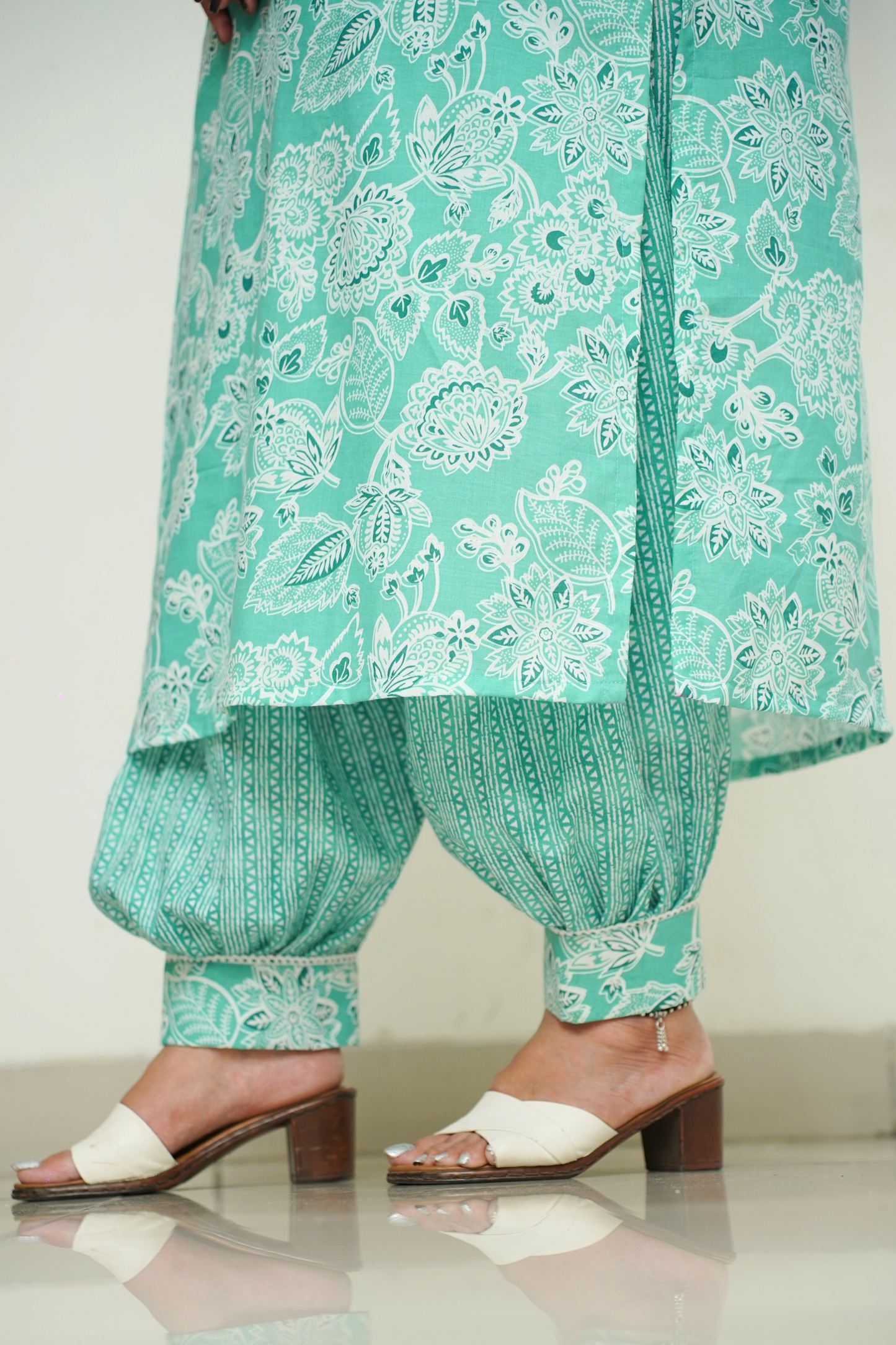 Women Plus Size Sea Green Cotton Afghani Suit Set