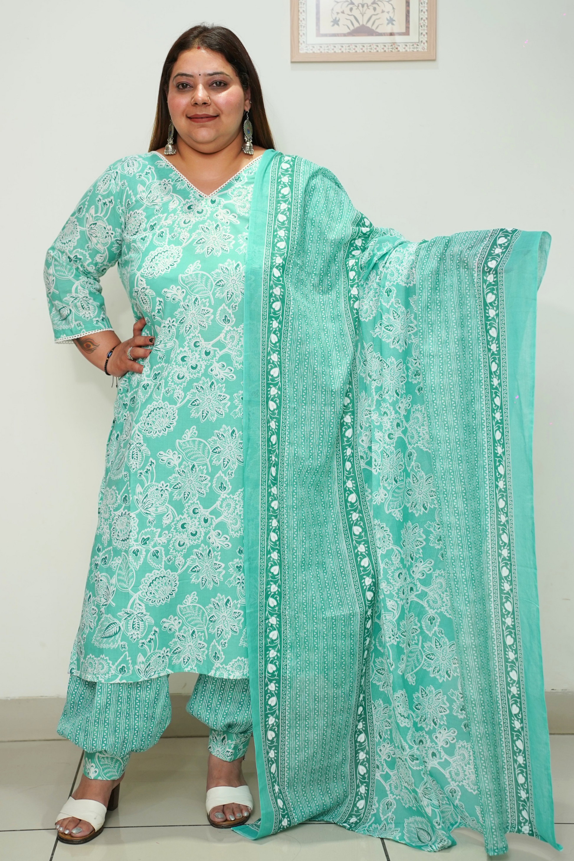 Women Plus Size Sea Green Cotton Afghani Suit Set