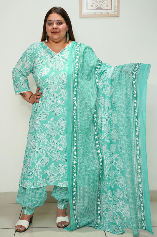 Women Plus Size Sea Green Cotton Afghani Suit Set