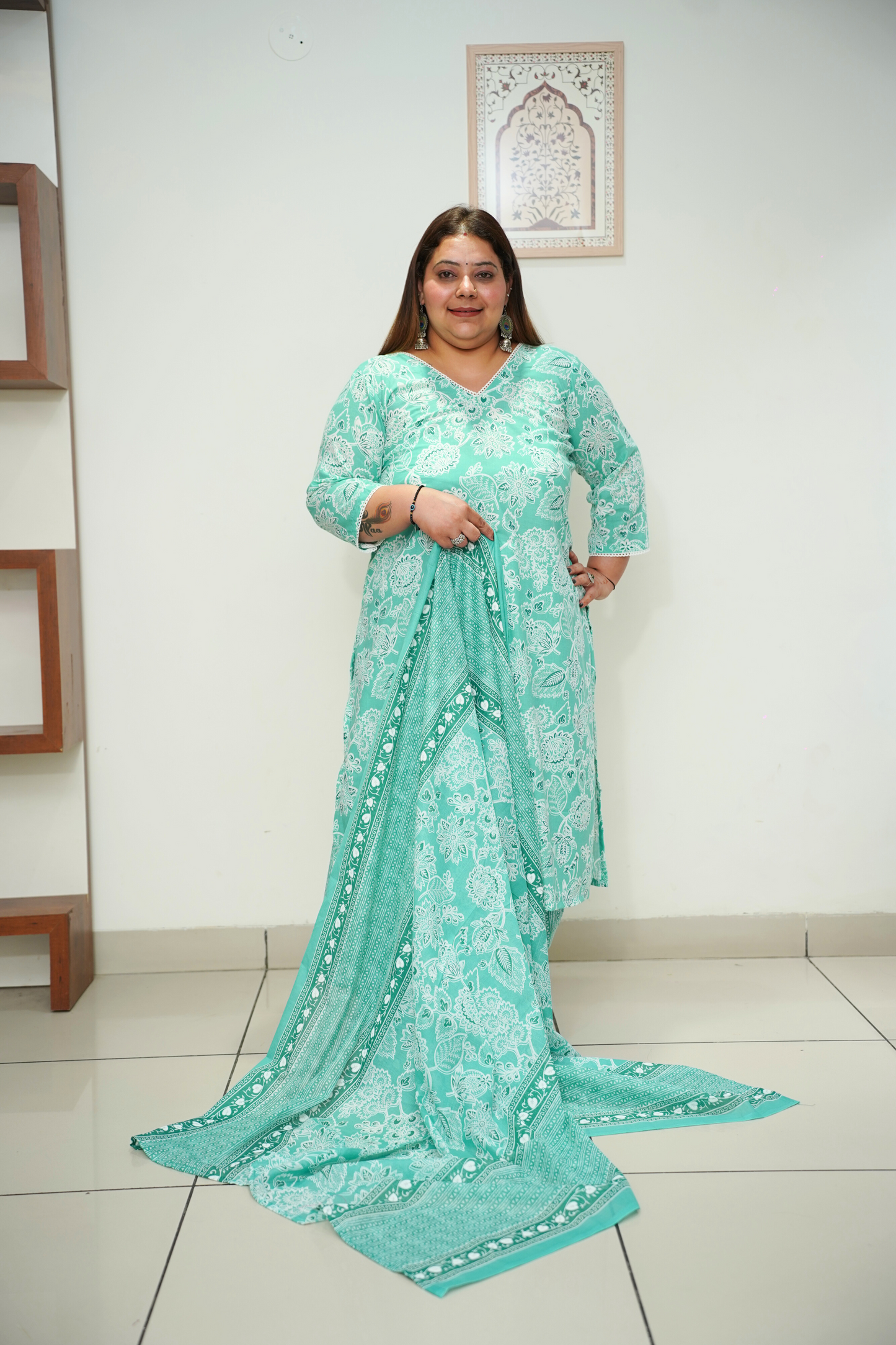 Women Plus Size Sea Green Cotton Afghani Suit Set