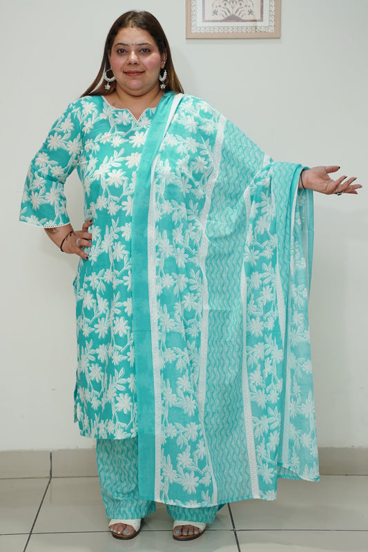 Women Plus Size Sky Floral Straight Cut Cotton Suit Set