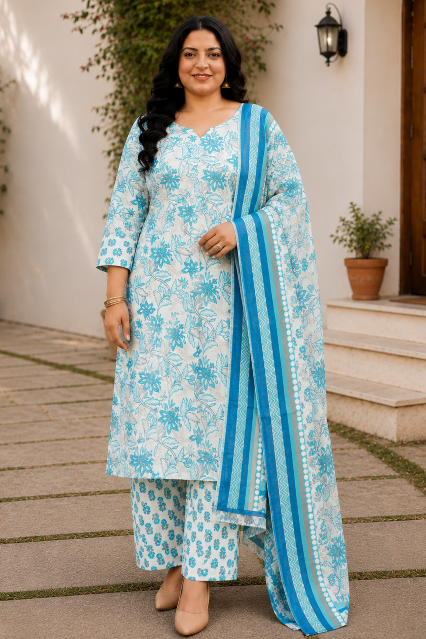 Soft Blue Floral Cotton Suit Set