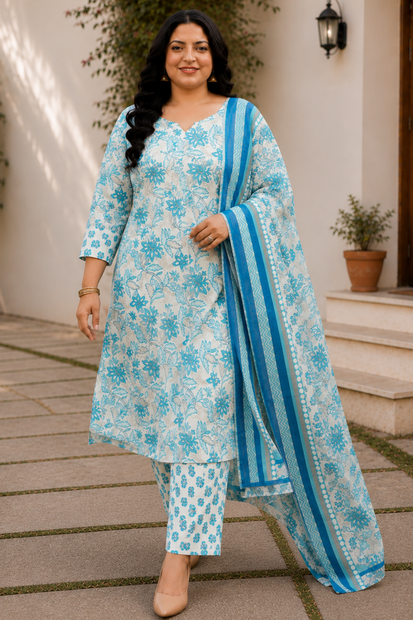 Soft Blue Floral Cotton Suit Set