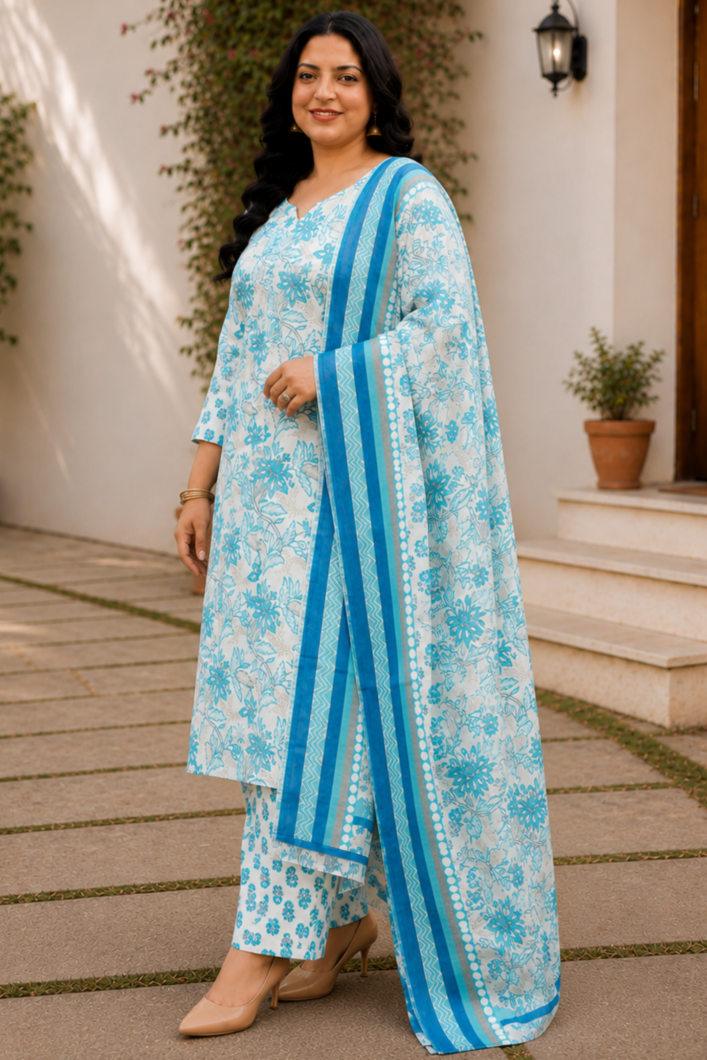 Soft Blue Floral Cotton Suit Set