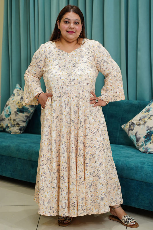 Women Plus Size Soft Peach Flared Maxi Dress with Pockets