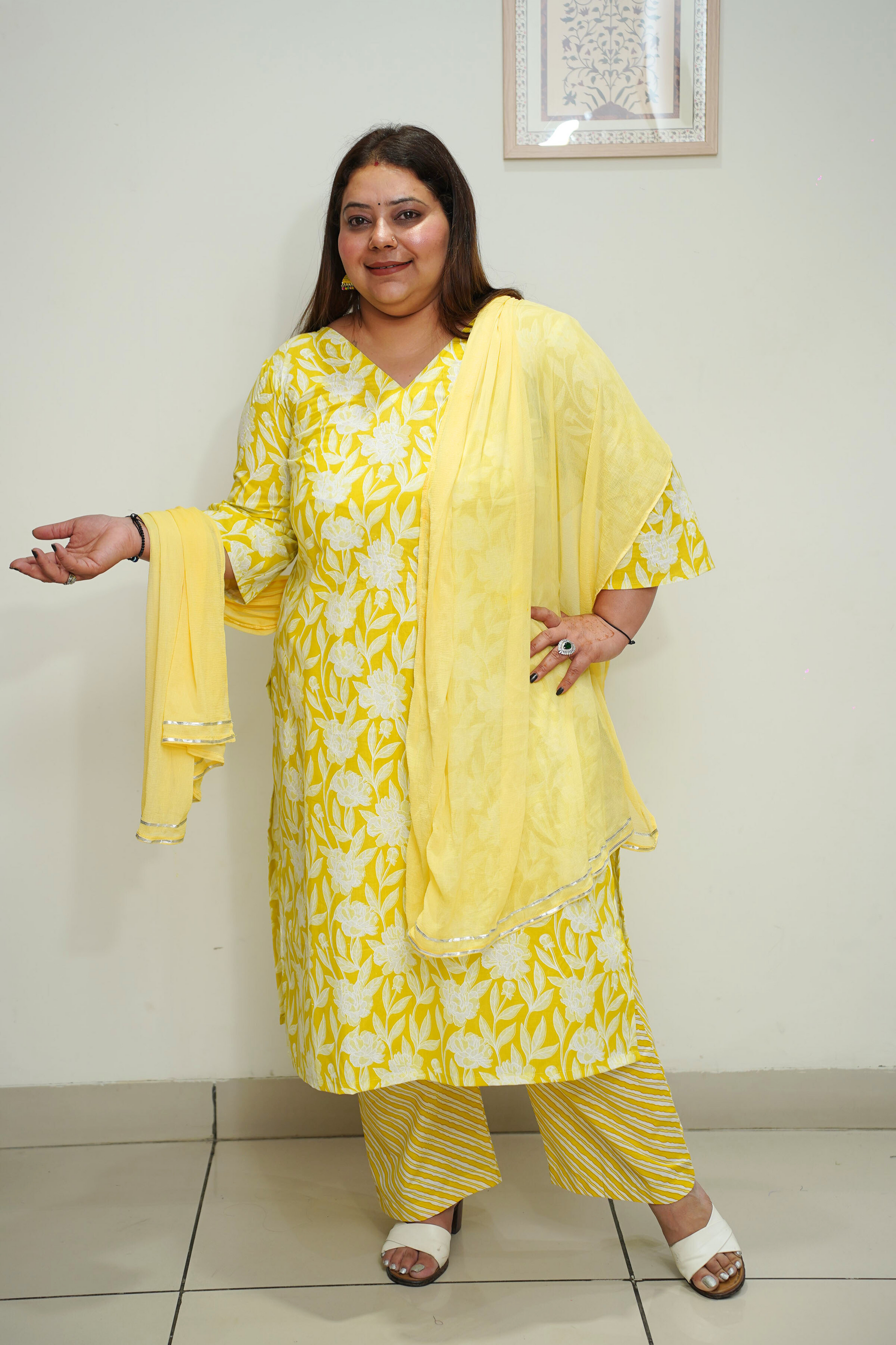 Women Plus Size Soft Yellow Cotton Straight Cut Suit Set