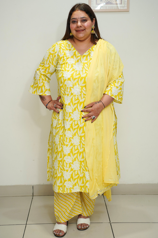 Women Plus Size Soft Yellow Cotton Straight Cut Suit Set