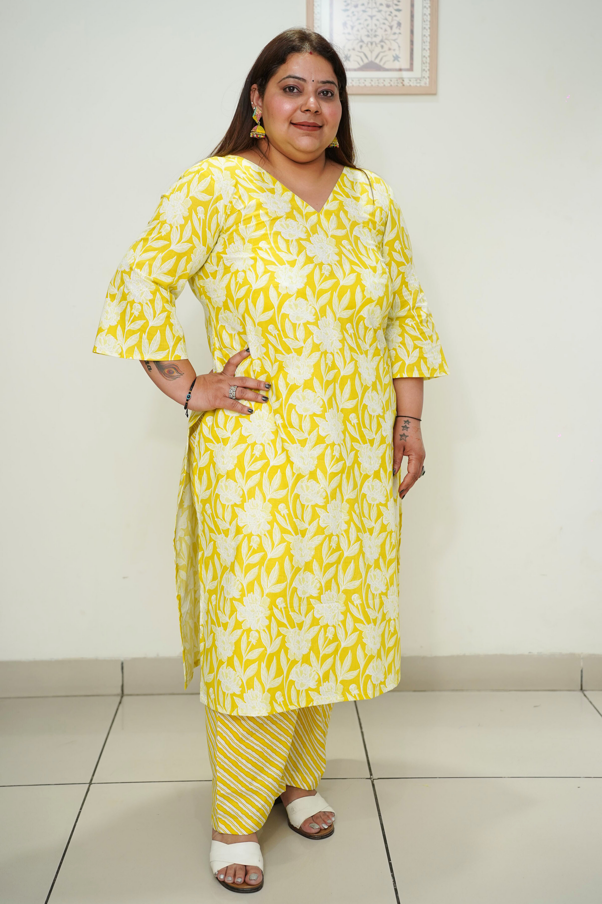 Women Plus Size Soft Yellow Cotton Straight Cut Suit Set