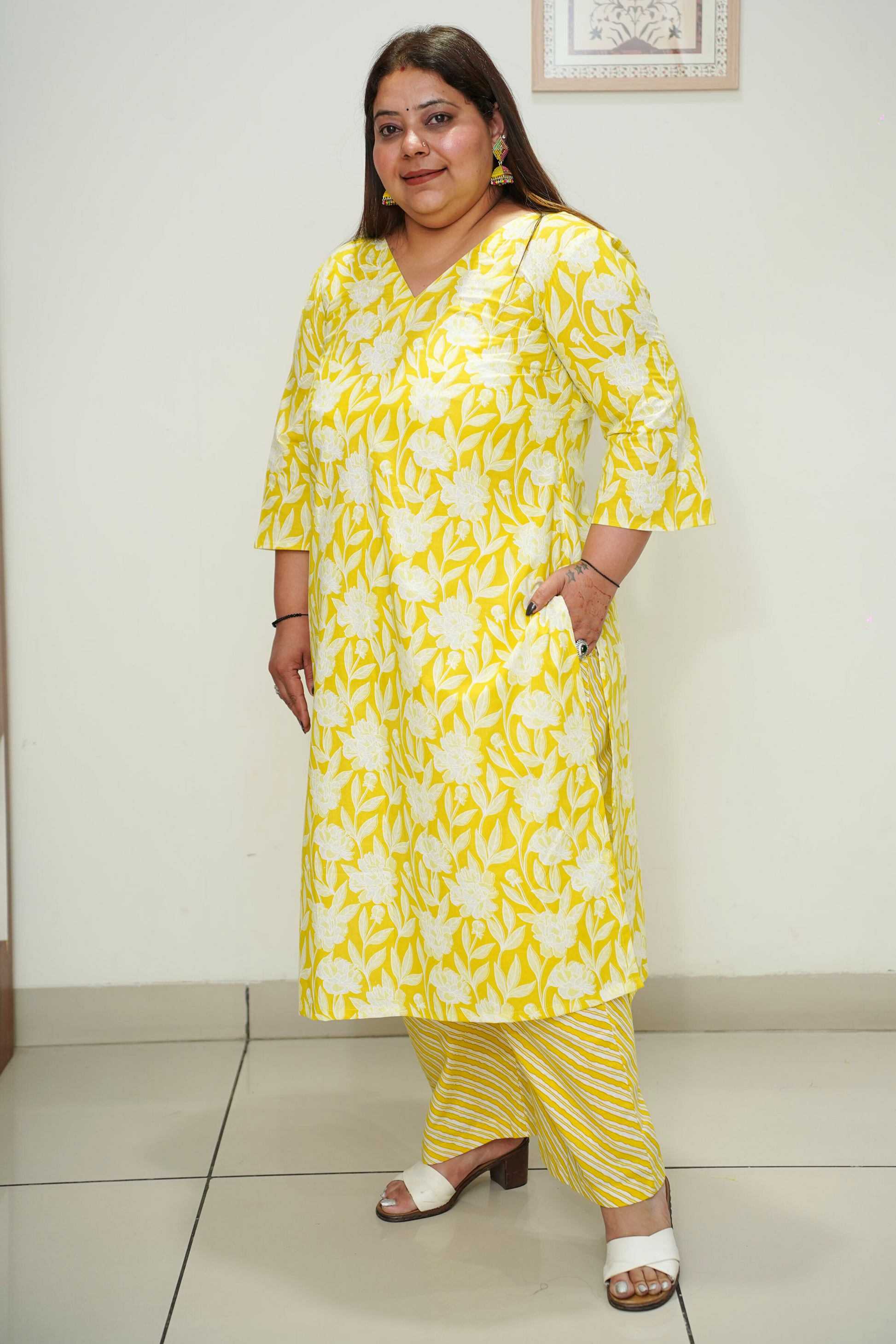 Women Plus Size Soft Yellow Cotton Straight Cut Suit Set