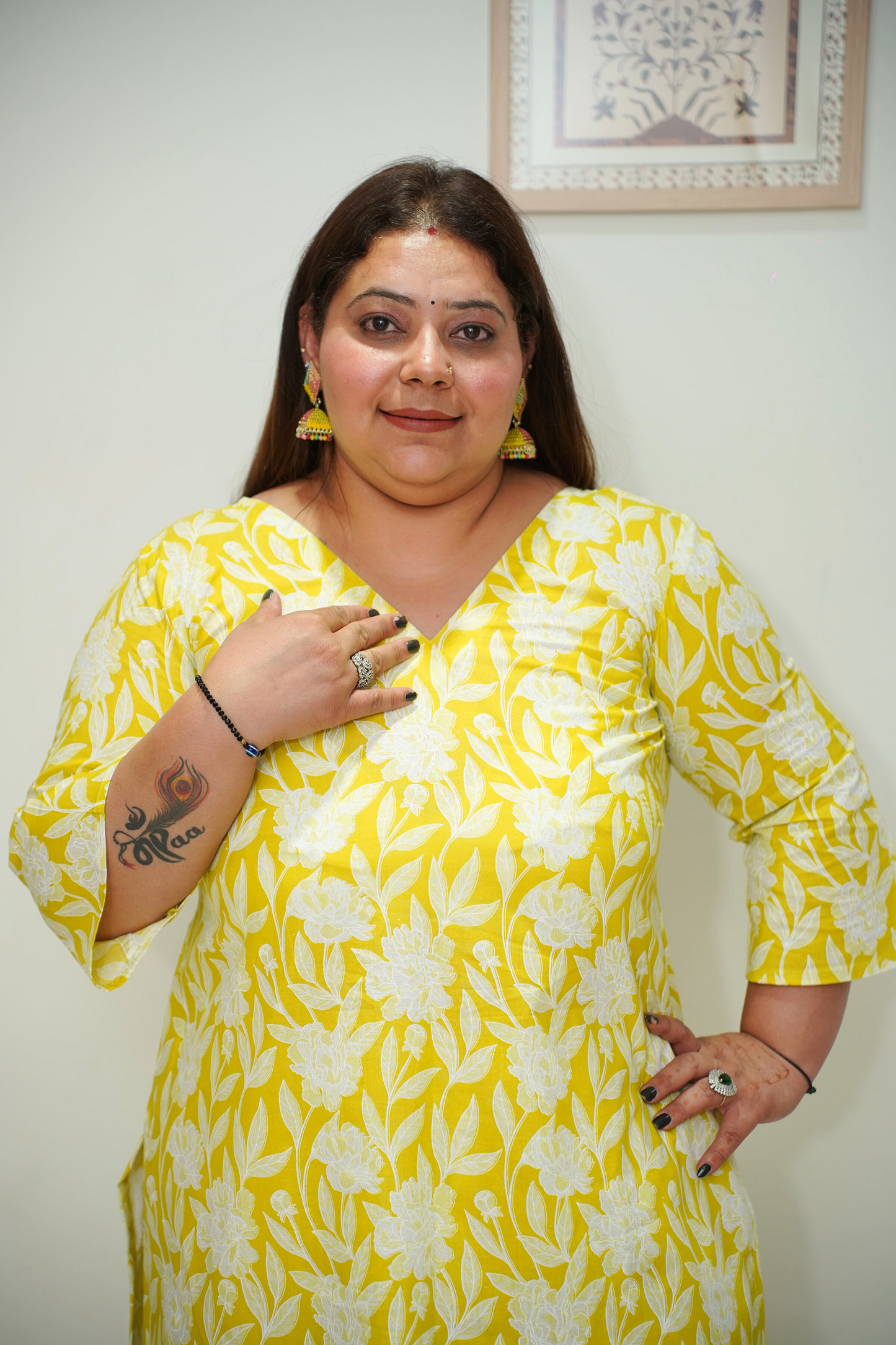 Women Plus Size Soft Yellow Cotton Straight Cut Suit Set