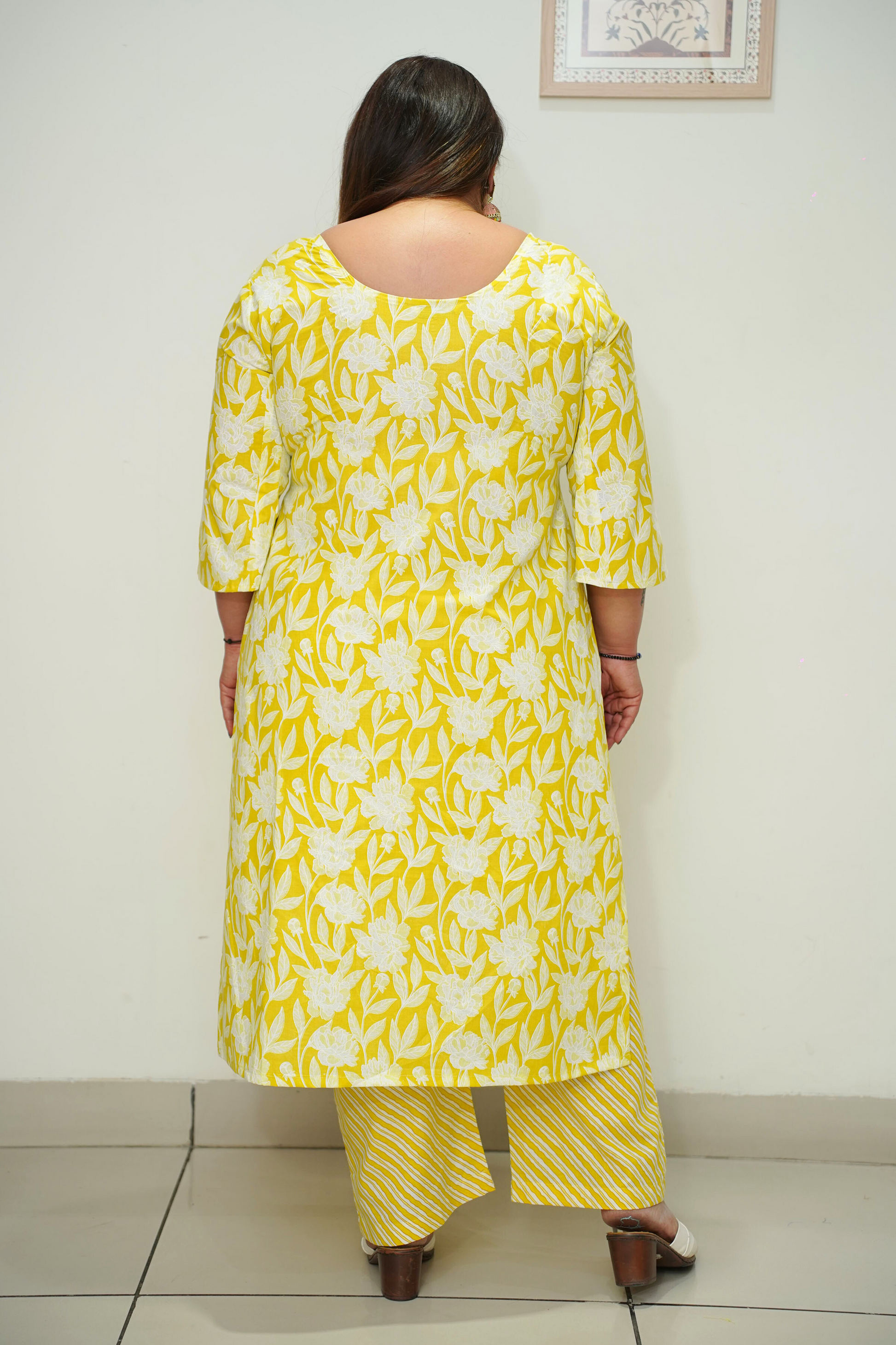 Women Plus Size Soft Yellow Cotton Straight Cut Suit Set