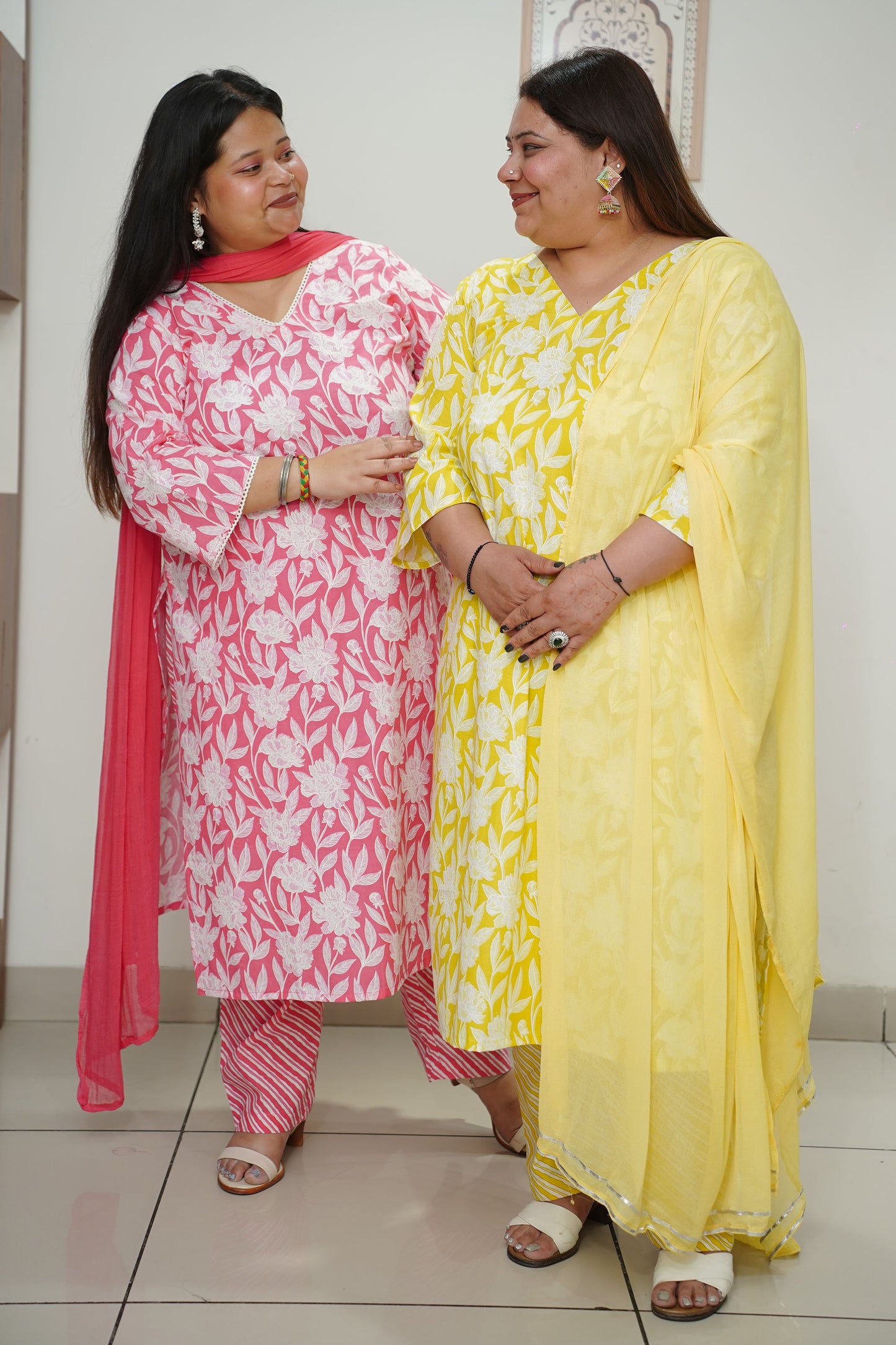 Women Plus Size Soft Yellow Cotton Straight Cut Suit Set