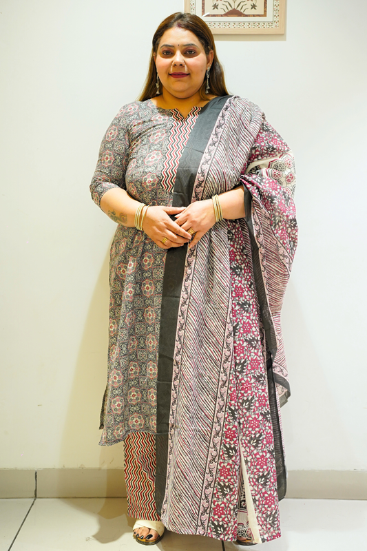 Black Cotton Block Print Suit Set