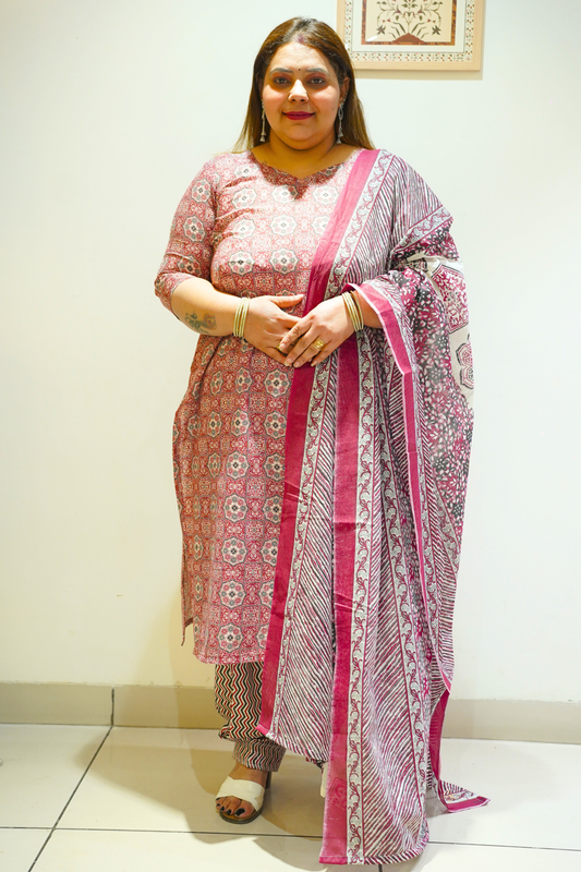 Pink Cotton Block Print Suit Set