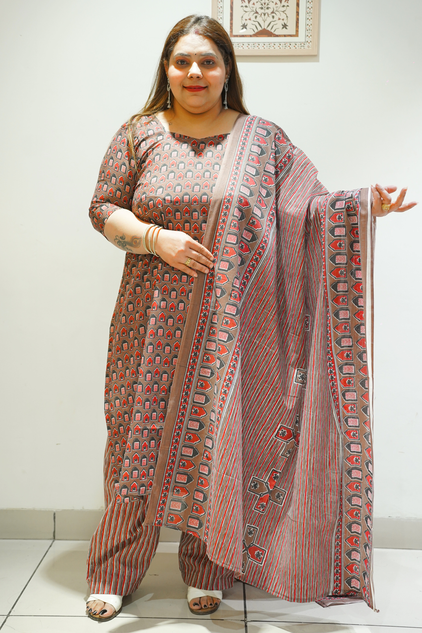 Brown Cotton Block Print Suit Set