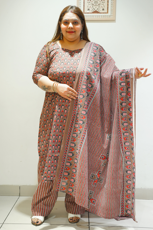 Brown Cotton Block Print Suit Set