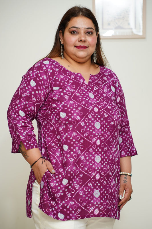 Women Plus Size Wine Bandhani Printed Rayon Kurta