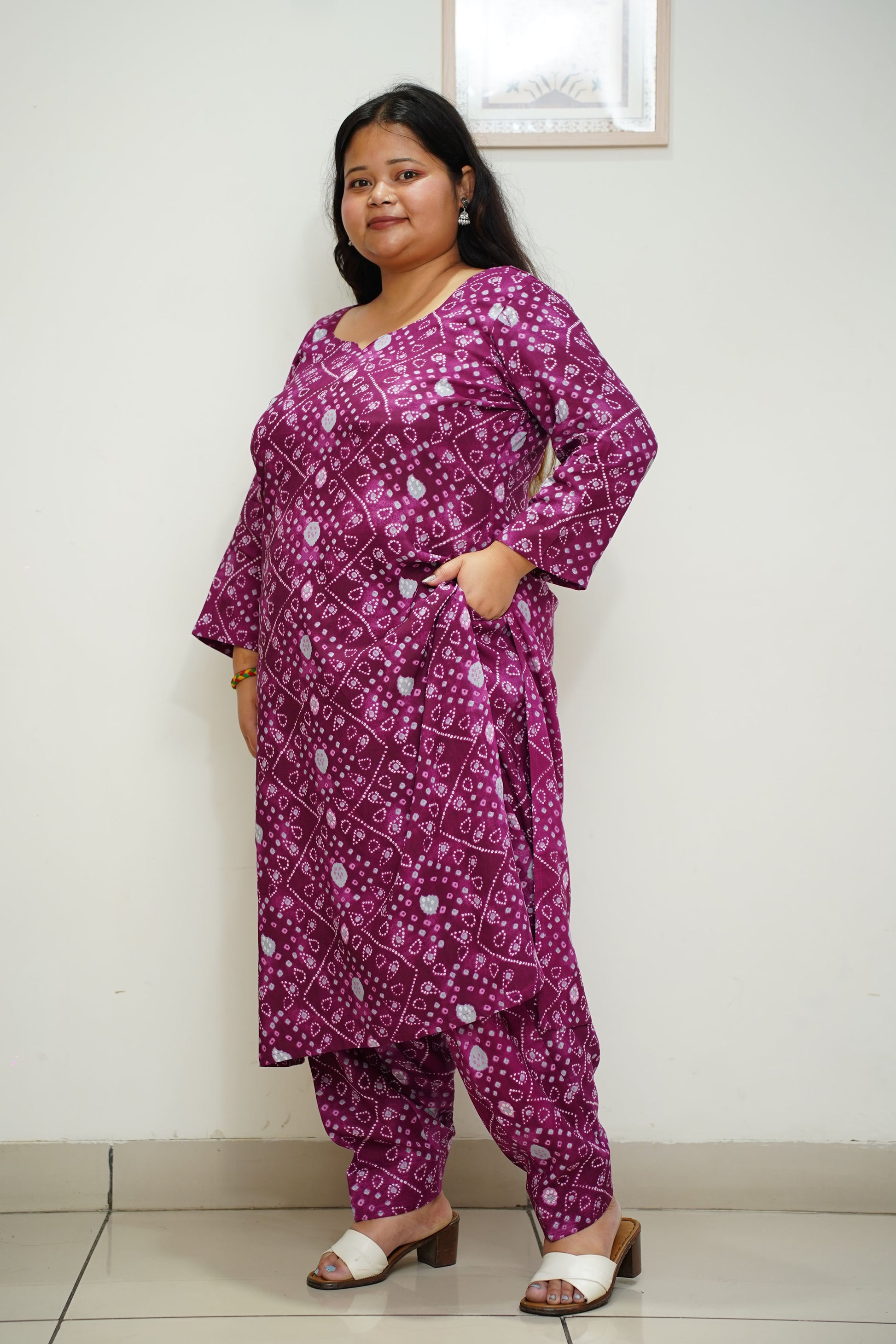 Women Plus Size Wine Bandhani Printed Rayon Salwar Suit