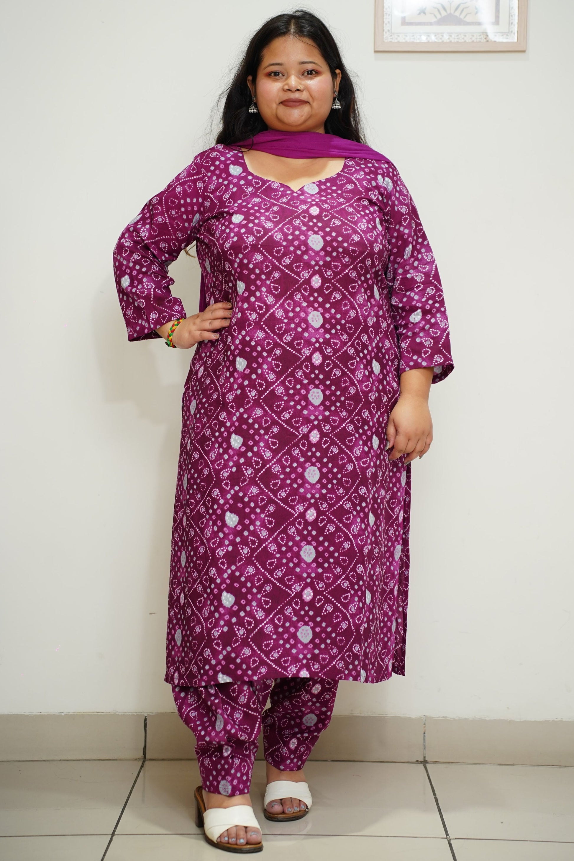 Women Plus Size Wine Bandhani Printed Rayon Salwar Suit