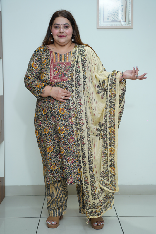 Black Floral Cotton Suit Set
